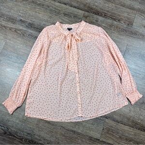 Torrid Shirt Women Size 3X Pink Red Polka Dot Tie Neck Button Up Bishop Sleeve